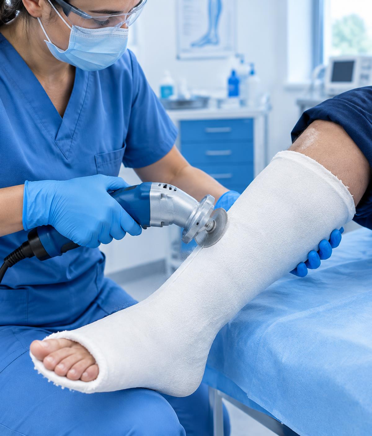 Clinician removing a leg cast with a cast saw